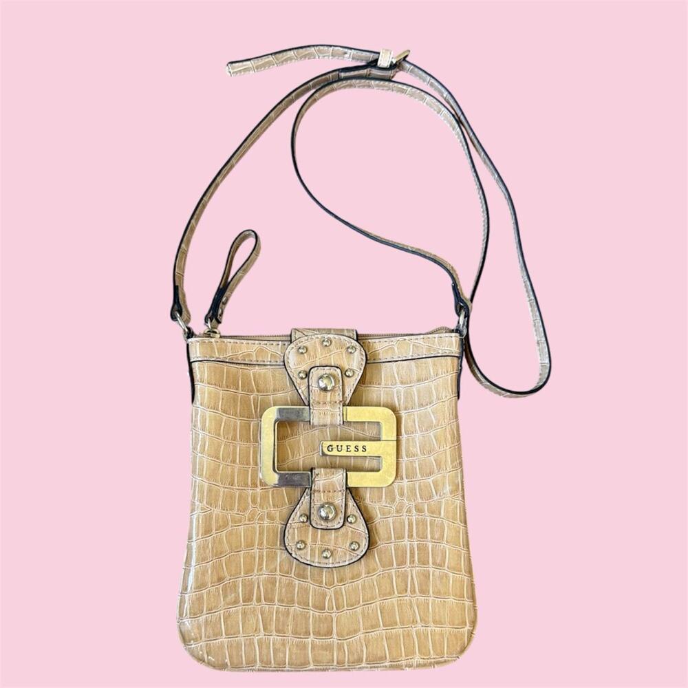 Vintage Y2K Guess beige croc-embossed faux leather mini crossbody bag